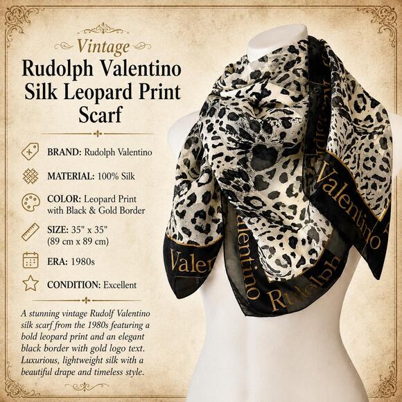 Rudolph Valentino Accessories - Vintage Rudolph Valentino Silk Leopard Print Scarf 1980s Black Gold Border 35x35